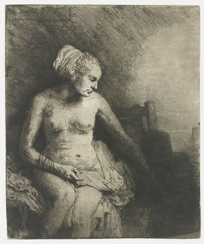  伦勃朗·梵·莱茵 Rembrandt van Rijn——在浴室旁边的戴帽子的女人1
